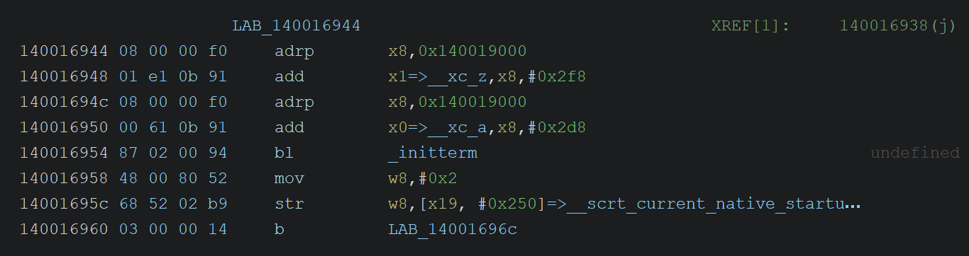 Invocation of initterm in Ghidra